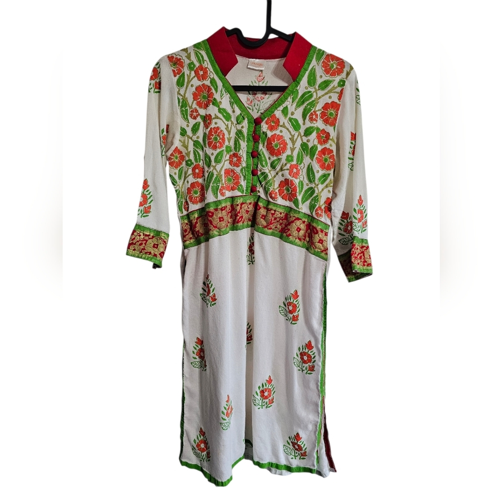 Ghungru Hand Block Print Kurta Dress Womens Small Boho Floral Cotton Vintage 90s - Picture 2 of 9